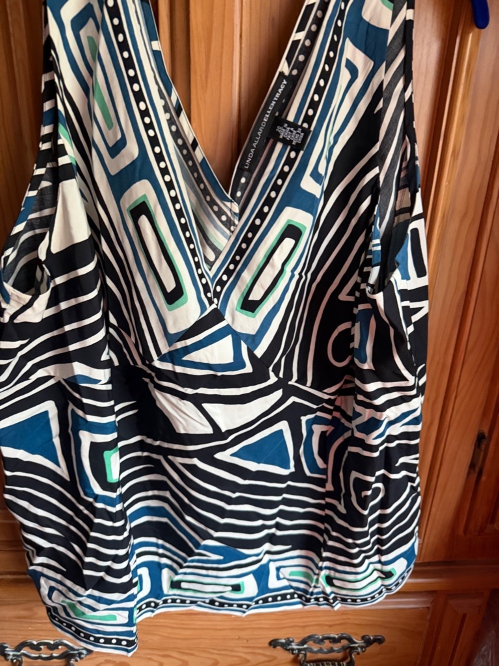 Blue & Black Geometric V-Neck Women's Top by Linda allard ellen Tracy